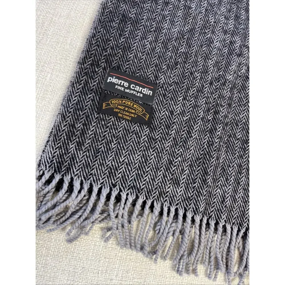 Vintage PIERRE CARDIN Fine Muffler Herringbone 100% Pure Wool Scarf Gray Classic